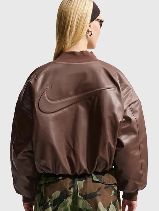 Jackets & Blazers - Nike woman’s size medium therma fit Brown Faux Leather Bomber Jacket with check